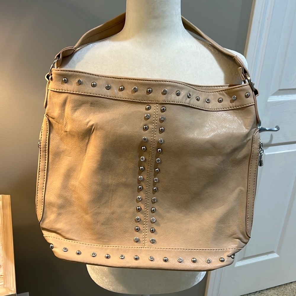 Green Apple Beige Studded Shoulder Bag
